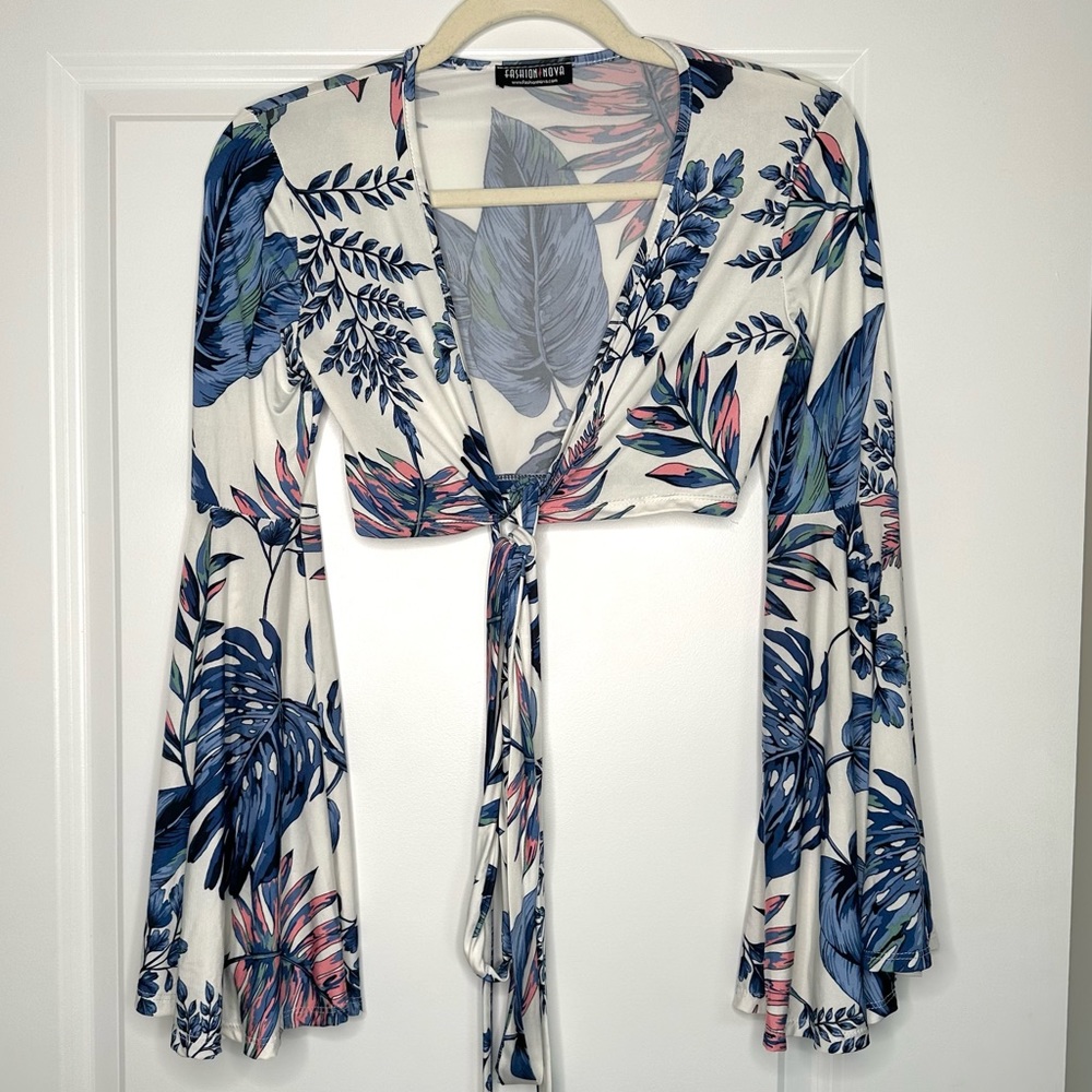 Tropical wrap front bell sleeve crop top